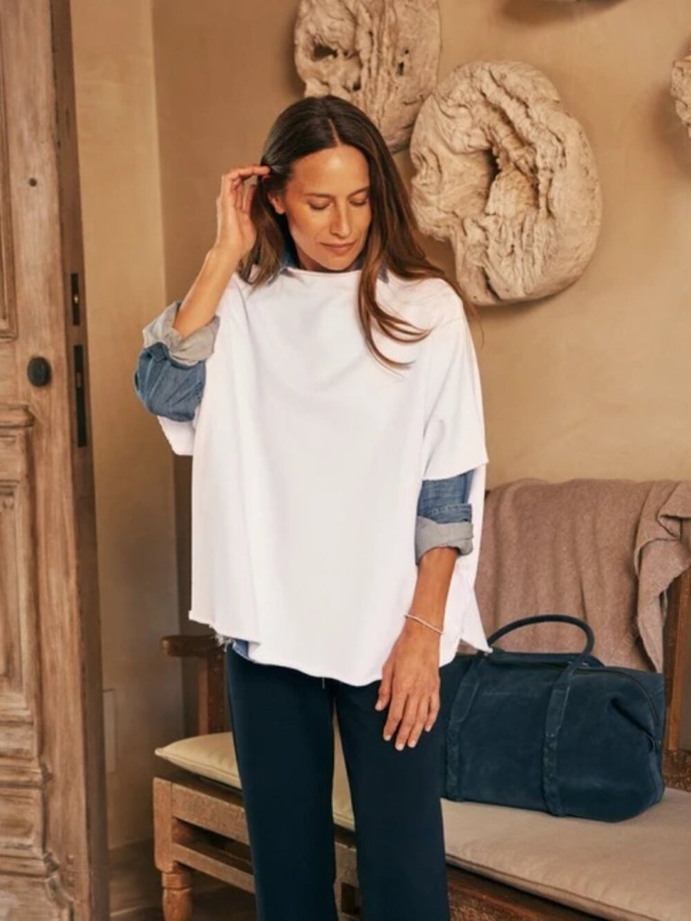 Frank & Eileen Audrey Funnel Neck Capelet O/S White Triple Terry Coastal Preppy